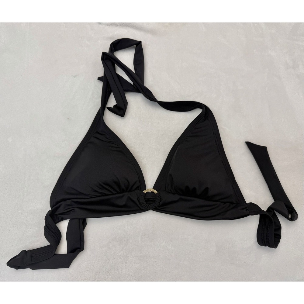 Michael Kors Black Halter Bikini Top Size S Gold Logo Ring Triangle Swimwear